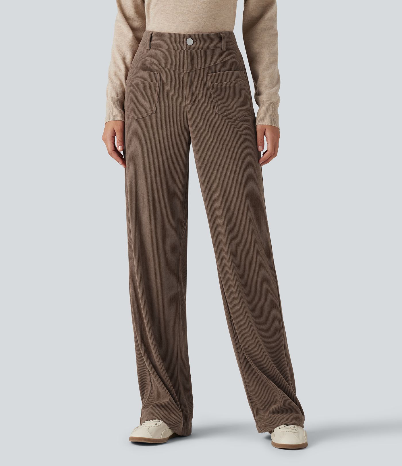 Pantalon en velours côtelé taille mi-haute coupe droite avec poches