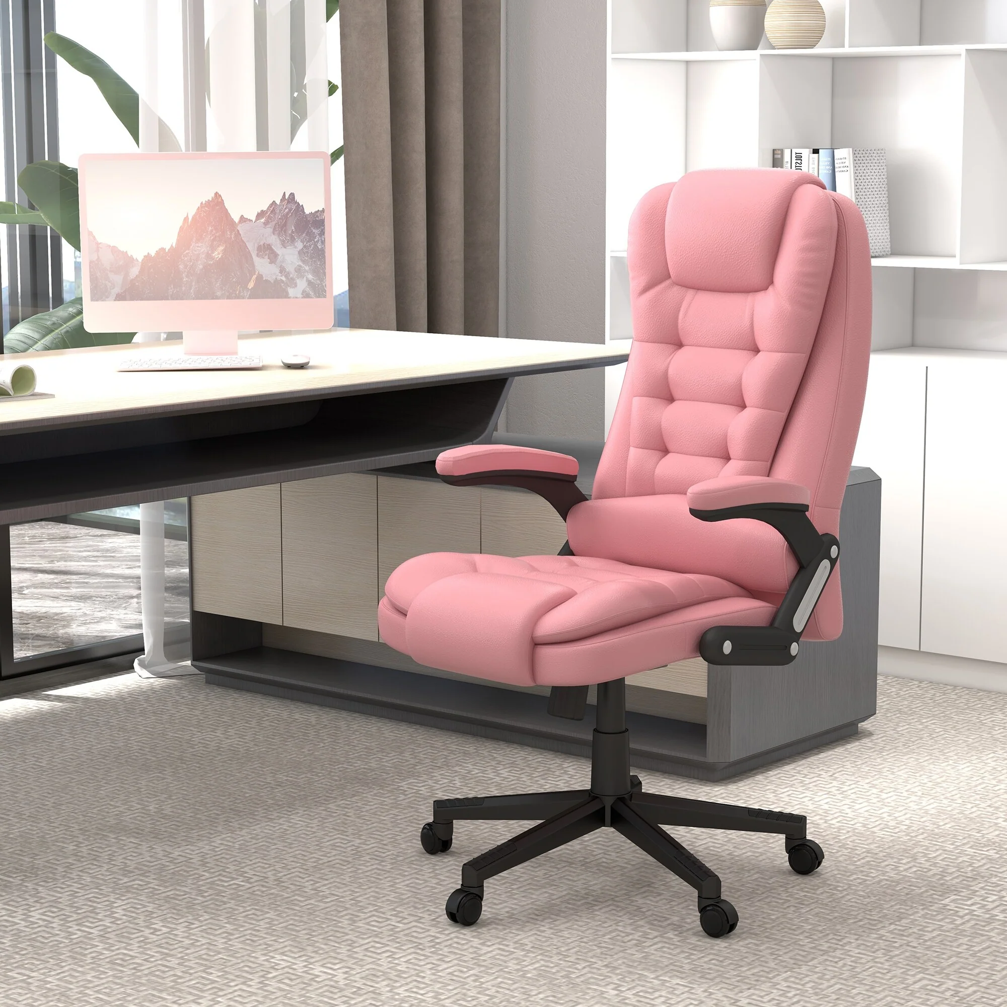 Pink PU Leather 360° Swivel High Back Office Recliner with Vibration Massage, Lumbar Heating, and Adjustable Height