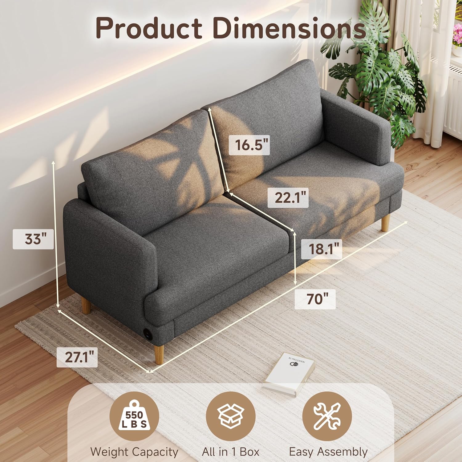 70 Modern Loveseat Sofa with USB Type-C Ports, Linen Fabric 2-Seater Deep Seat Couch, Cozy Small Couch Sofa for Living Room Bedroom Office Apartment (Dark Grey)