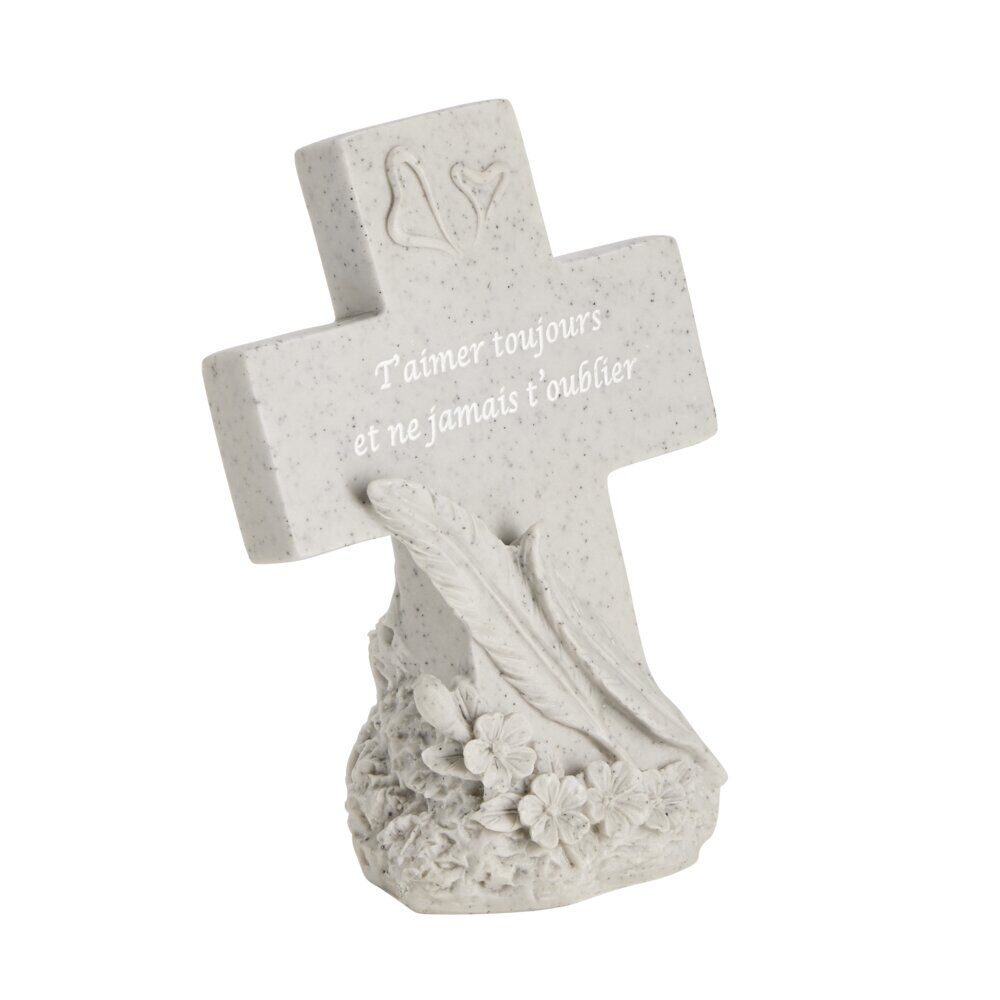 Décoration funéraire forme croix avec plumes H18cm