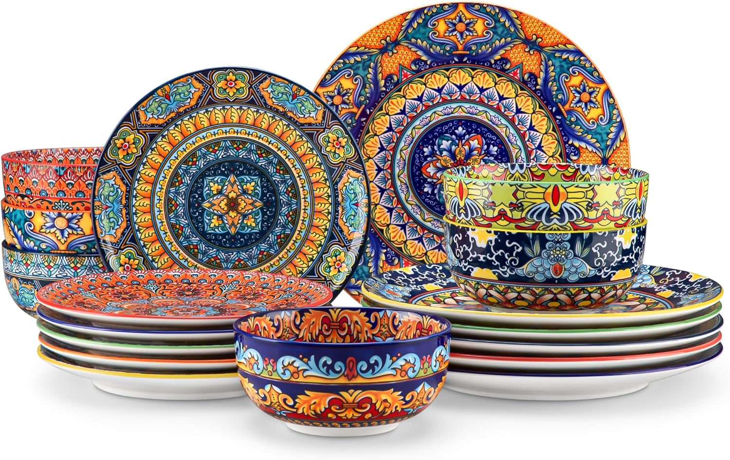 vancasso 18-Piece Dinnerware Sets,Ceramic Plates and Bowls Sets Service for 6, Bohemian Style Porcelain Dishes Set for 6, Microwave and Dishwasher Safe, Scratch Resistant,Non Toxic, Series KRVI