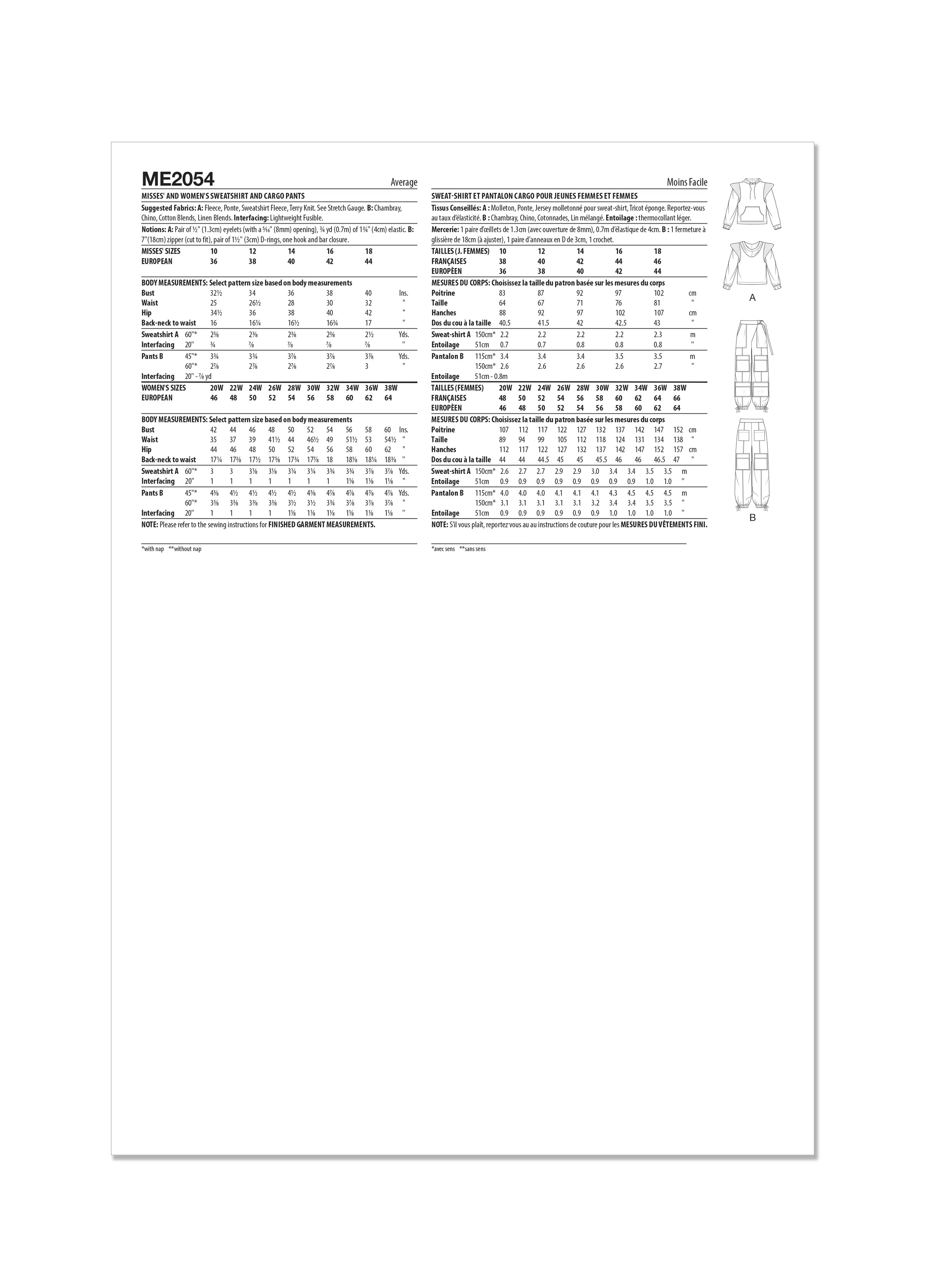 KnowMe Pattern Me2054 Misses' and Women's Sweatshirt and Cargo