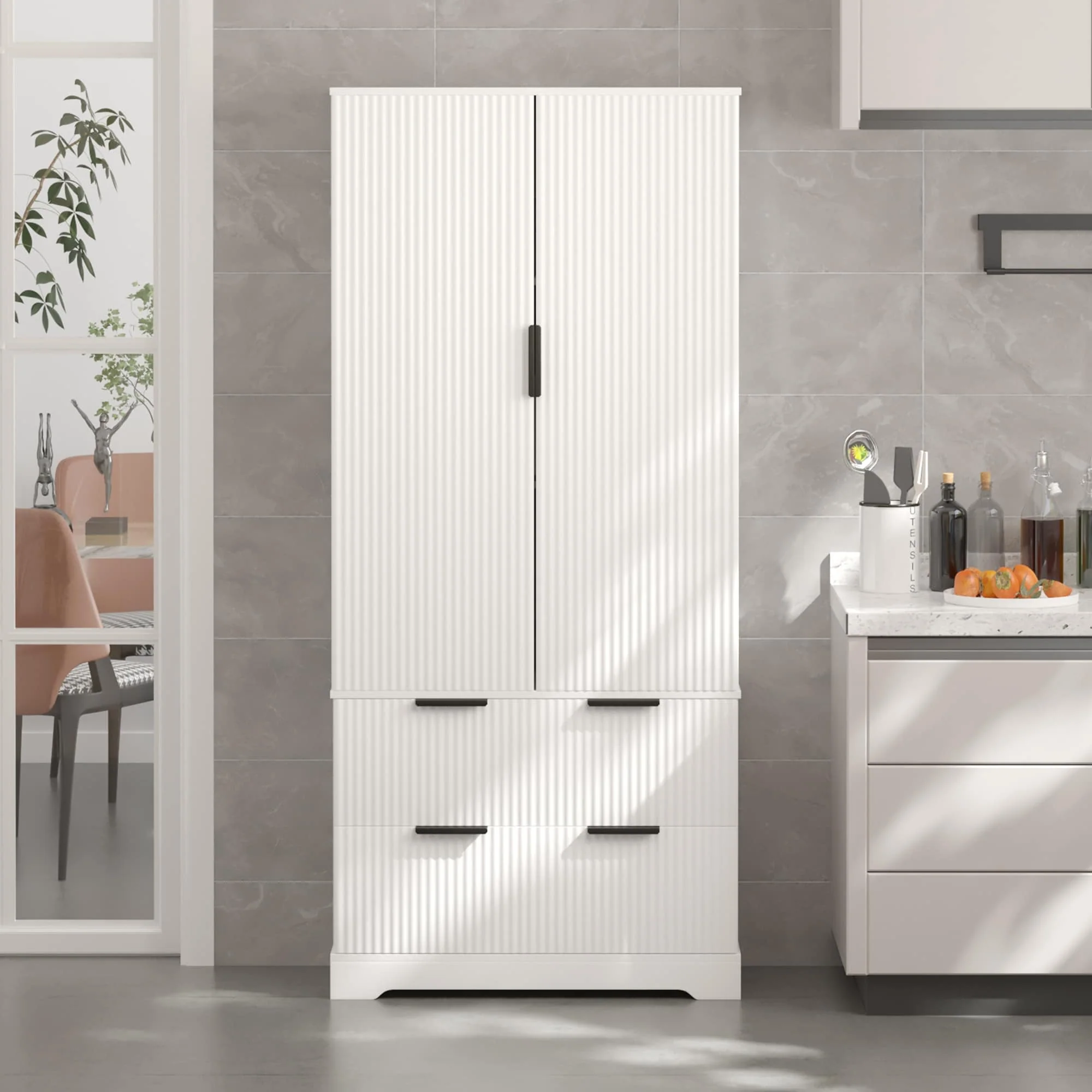 Farmhouse Pantry Storage with 2 Large Drawers, Tall Pantry Storage Cabinet with 8 Door Spice Rack, Freestanding Cupboard Cabinet