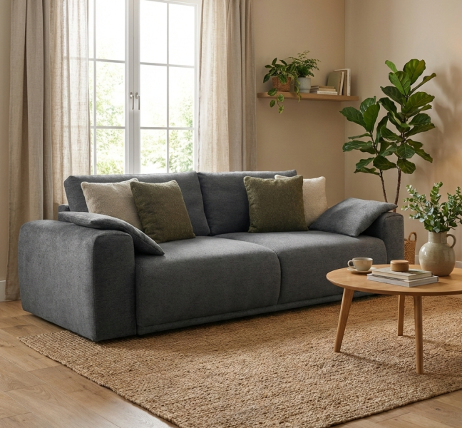 Wygodna Sofa Rozkładana QUEEN z Funkcją Spania Szara z Ozdobnymi Poduszkami