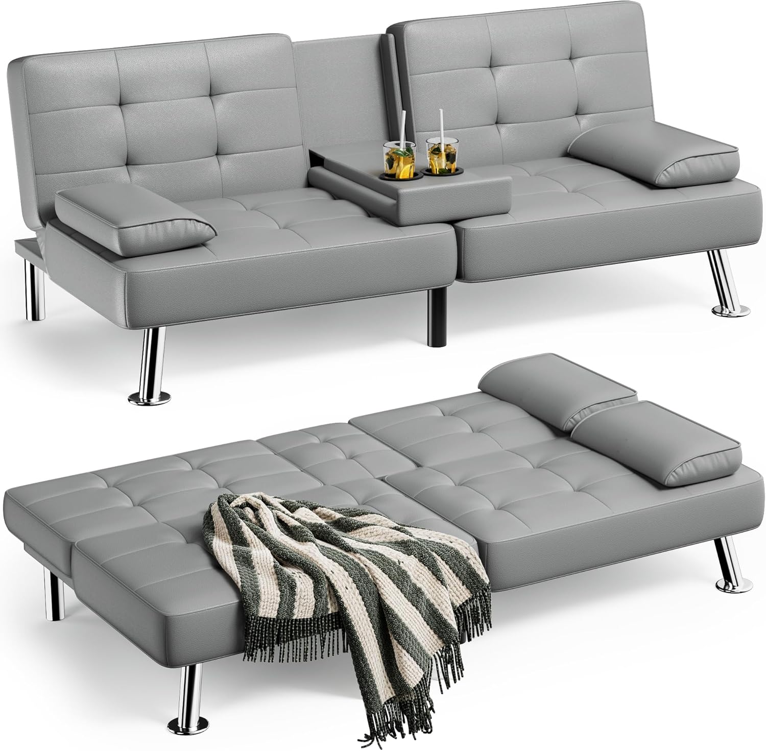Homall Futon Sofa Bed, Leather Futon Couch with Removable Armrests, Adjustable Recliner Sleeper Sofa Bed with Dual Cup Holders for Living Room, Apartment, Office (Gray)