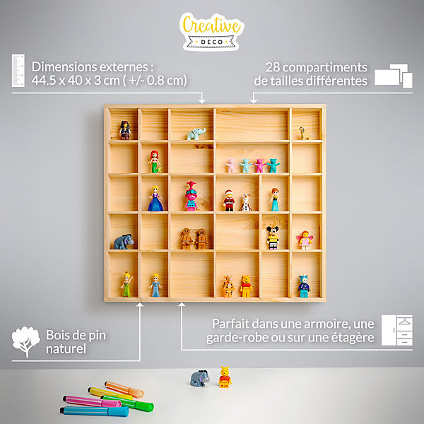 Creative Deco Vitrine Murale Petite Etagere Bois Non Peint - 28 Compartiments - 44,5 x 40 x 3cm - Vitrine pour Collection Figurine