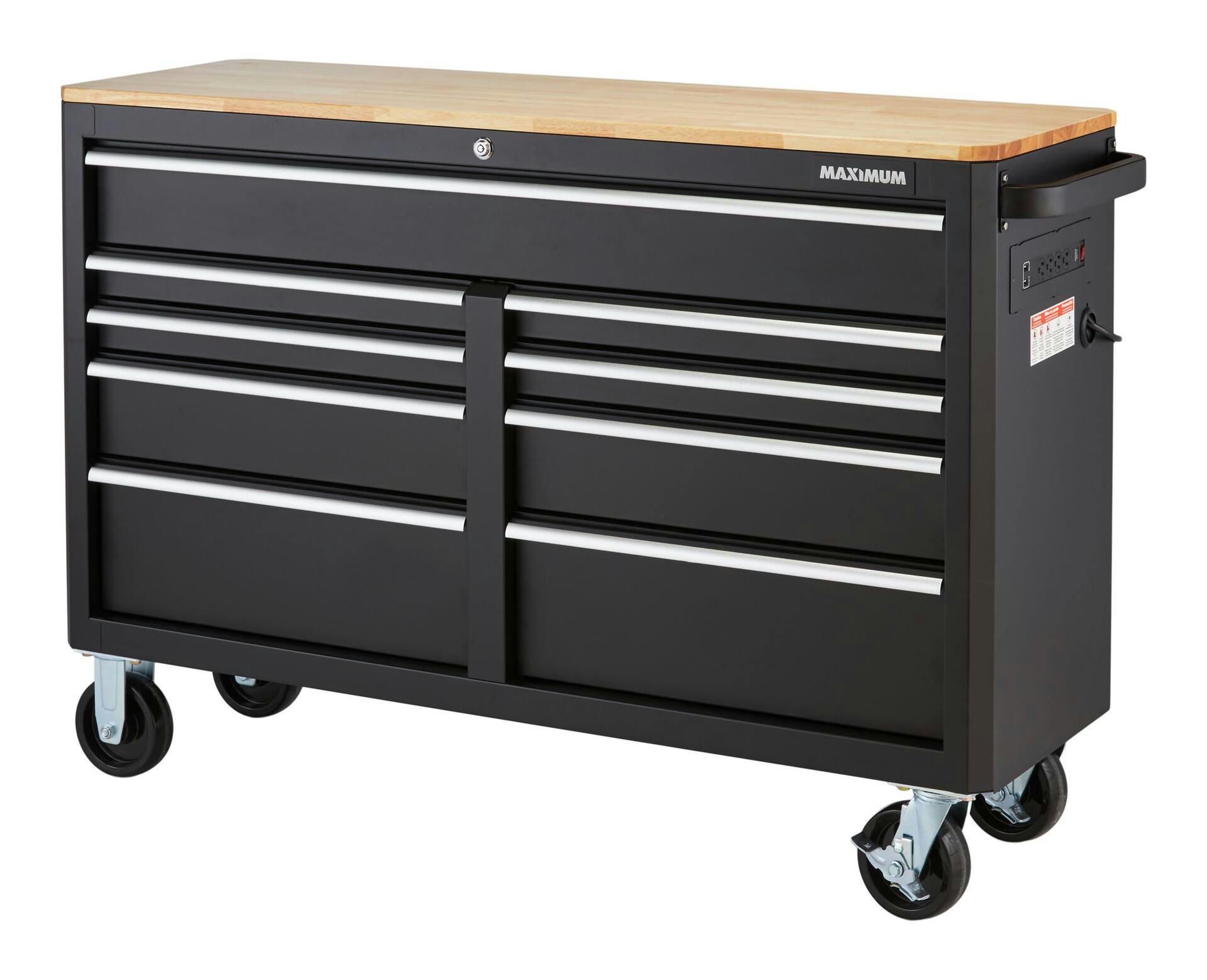 MAXIMUM Tool Storage Cabinet, Built-In Power Bar with USB, 9-Drawer, 56-in, Matte Black