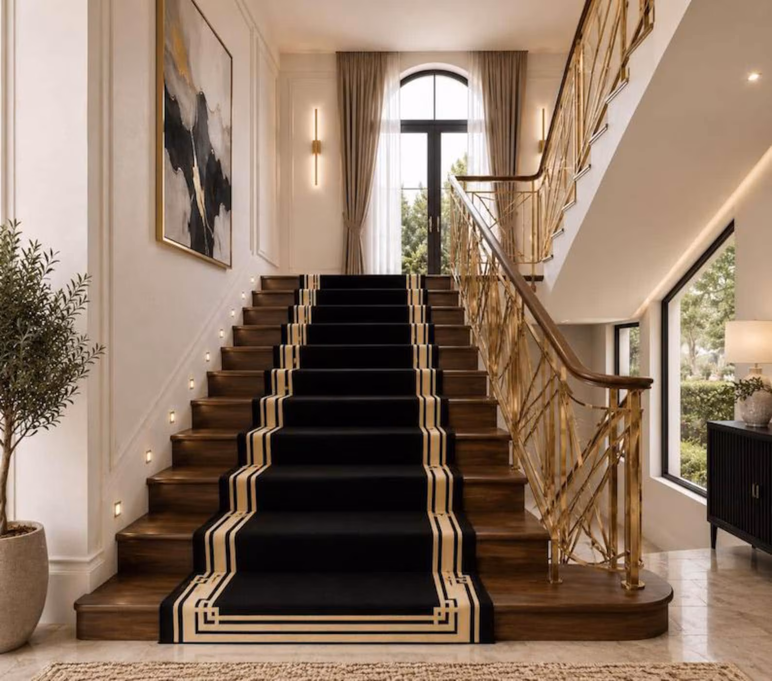 Black Stair Runner Rug, Modern Geometric Border Carpet, Luxury Staircase Runner