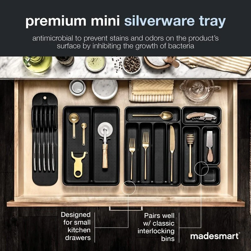 Mini 5-Compartment Plastic Silverware Tray for Drawer Organizer,Carbon