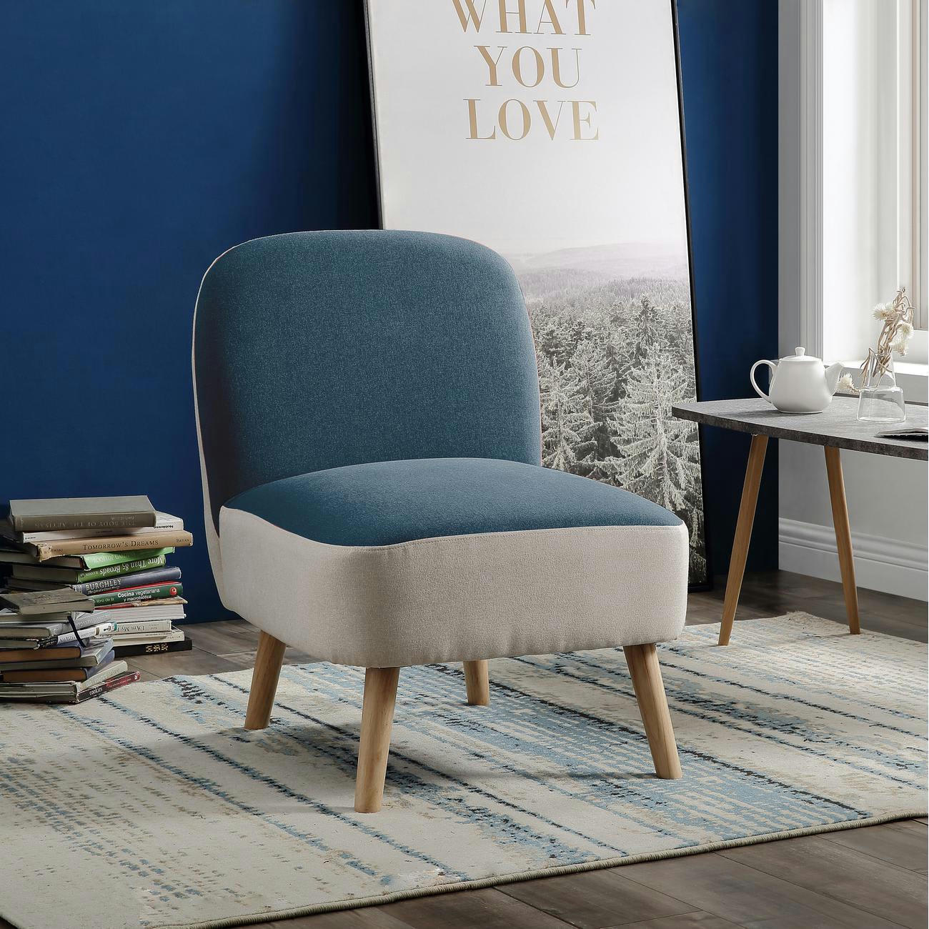 DOPIO - Fauteuil assise polyester bleu pieds bois