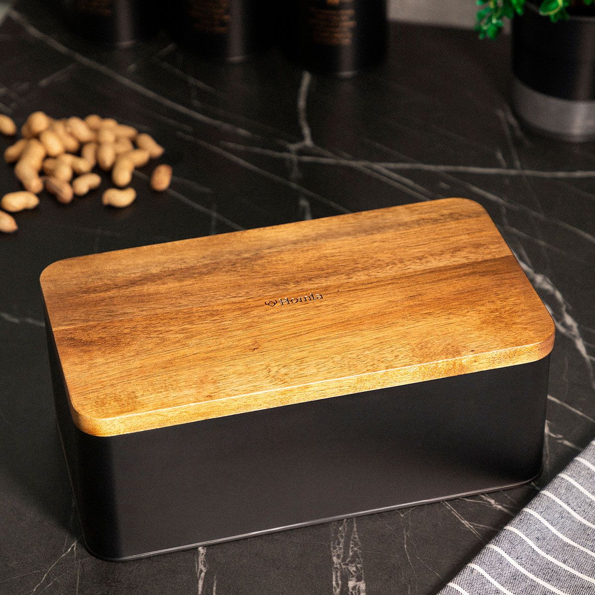 Chlebak LOMAS czarny z akacjową pokrywką 33x18x13 cm