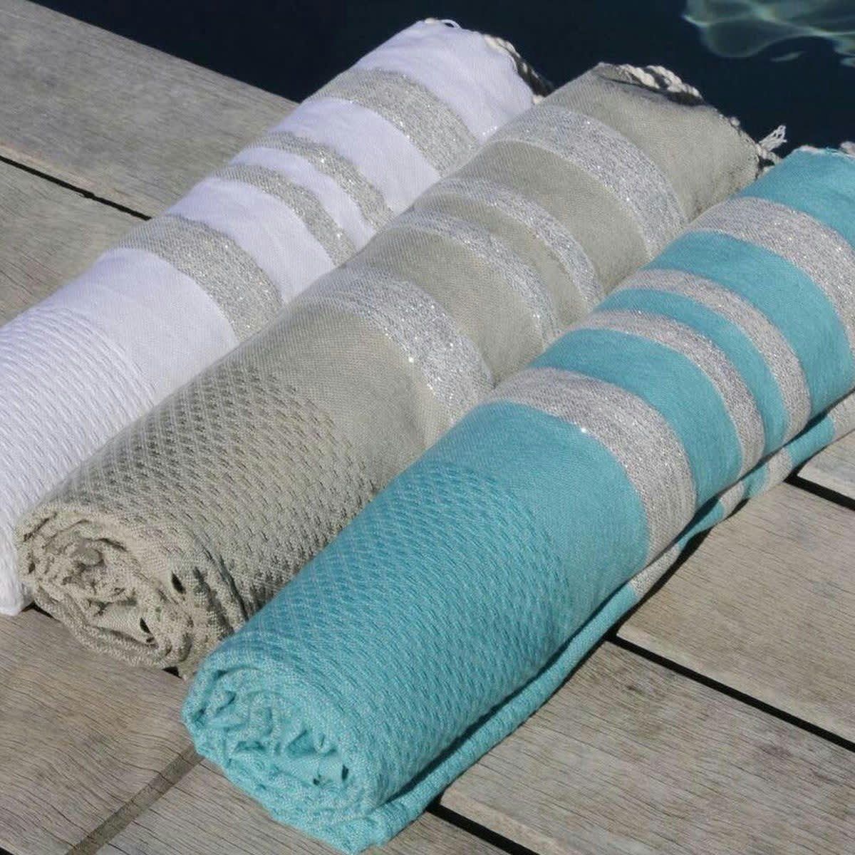 HAMPTONS - Fouta lurex coton  100x200 gris perle / argent