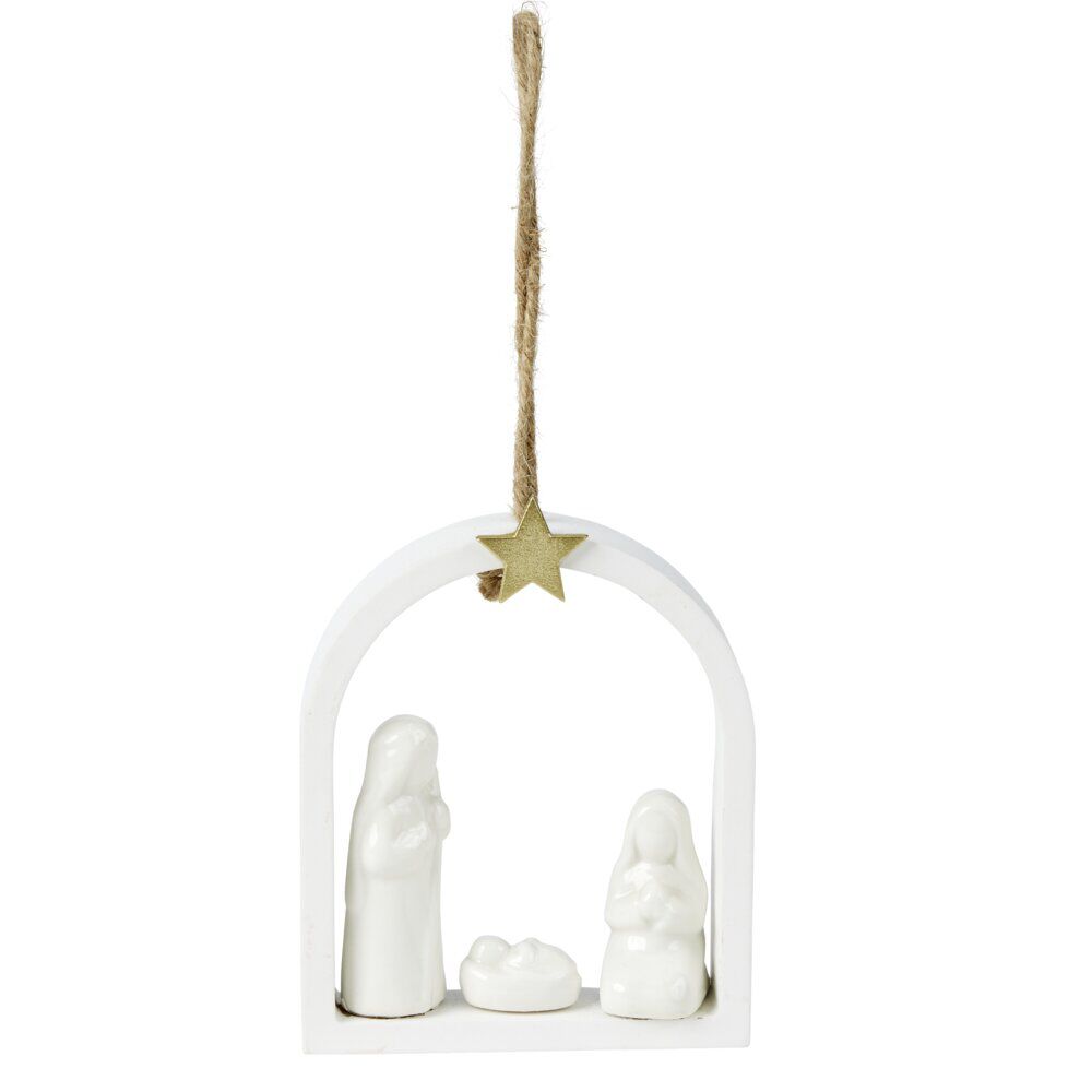 Scène nativité suspension crèche de No&euml;l polyrésine blanche H14cm