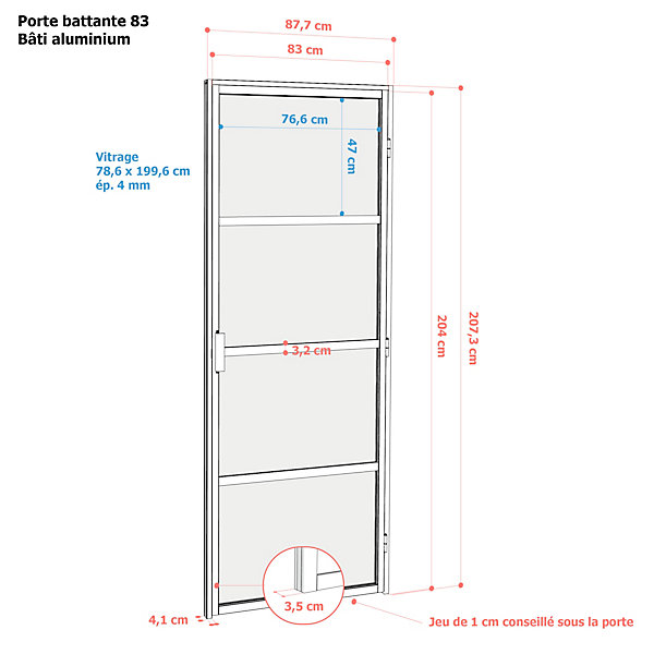 Bloc-porte Loft 4 carreaux vitrés transparents, poussant droit, coloris noir mat H.213 x l.83cm