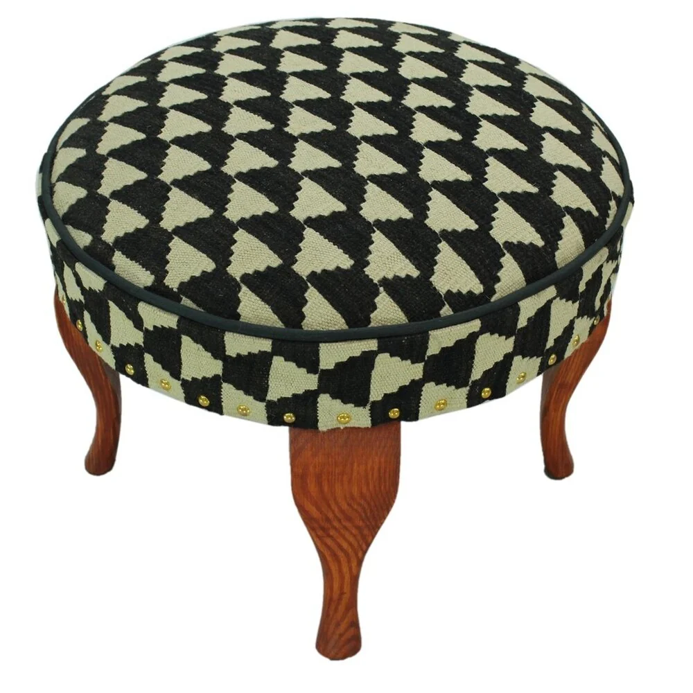 Easley Black/Ivory Kilim Upholstered Handmade Ottoman