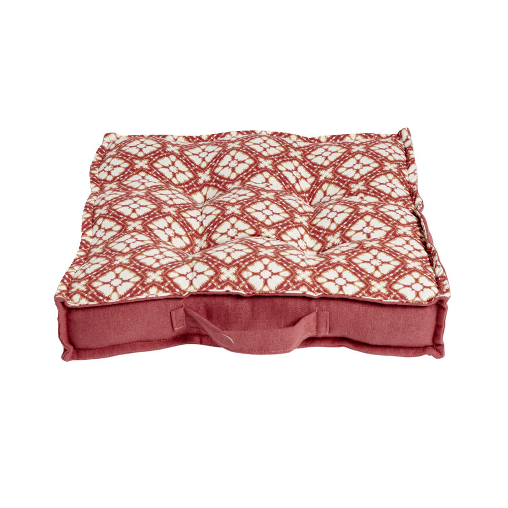 Coussin de sol carré rouge terracotta motifs blancs 40x40cm