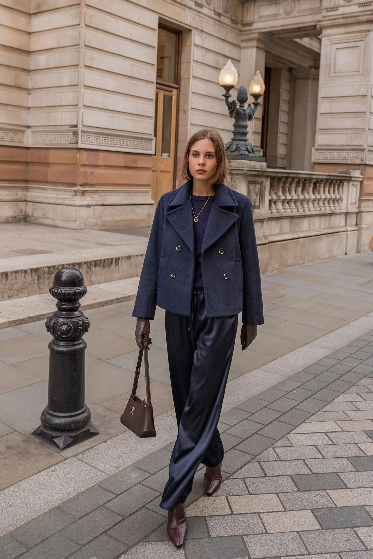 Navy Satin Wide Leg Trousers