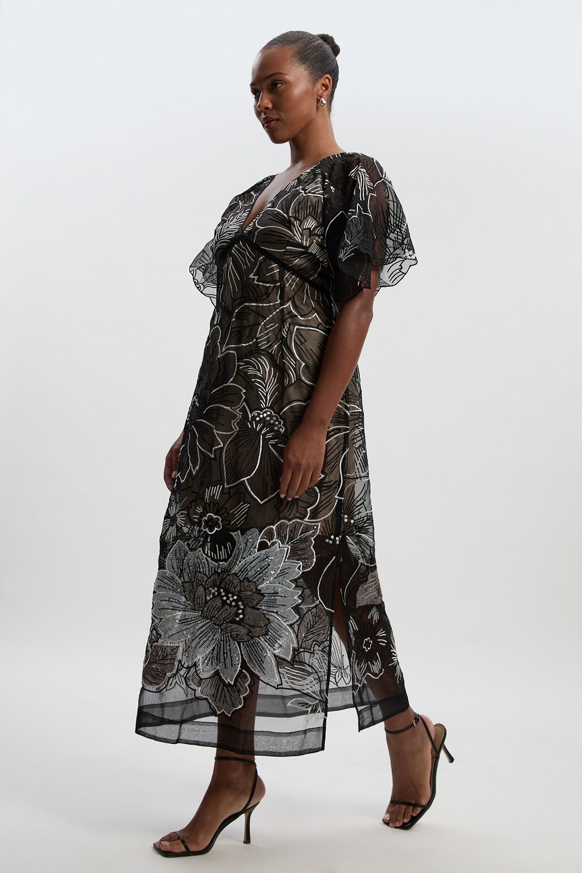 KarenMillen Plus Size Hand Embroidered And Sequin Organdie Deep V Woven Maxi Dress