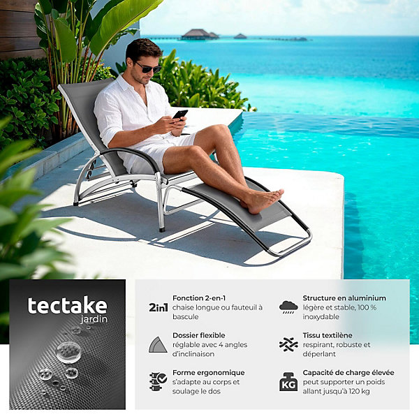 Chaise longue 2 en 1 cadre en aluminium résistant aux intempéries