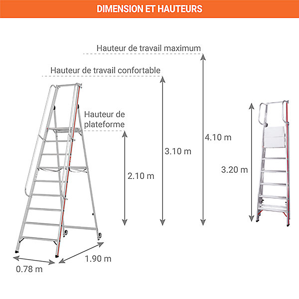 Escabeau 9 marches - Hauteur max. de travail 4.10m - 8081/09
