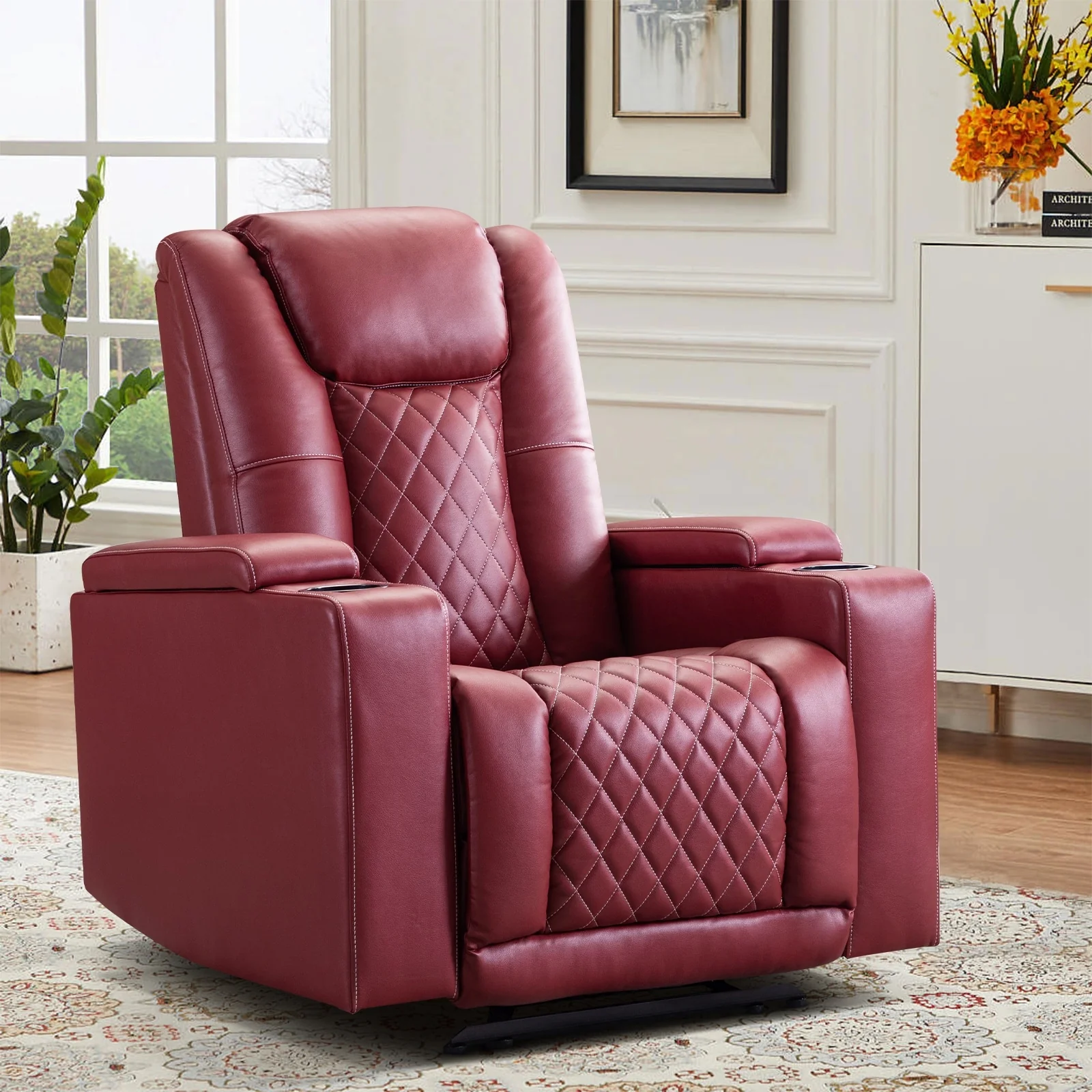 Leather Electric Power Recliner Chair with USB Ports and Cup Holders
