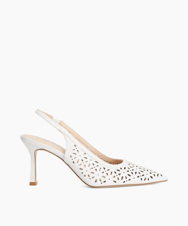 Corfu White - Laser Cut Leather Sling-Back Heels