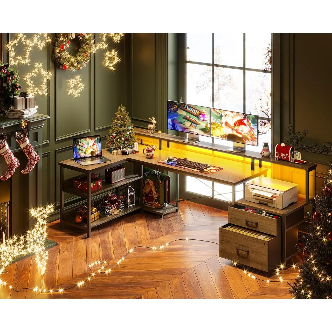 75 Reversible L-Shaped Gaming Desk with LED Strip & Power Outlet, File Drawer & Storage Shelves, Grey Oak