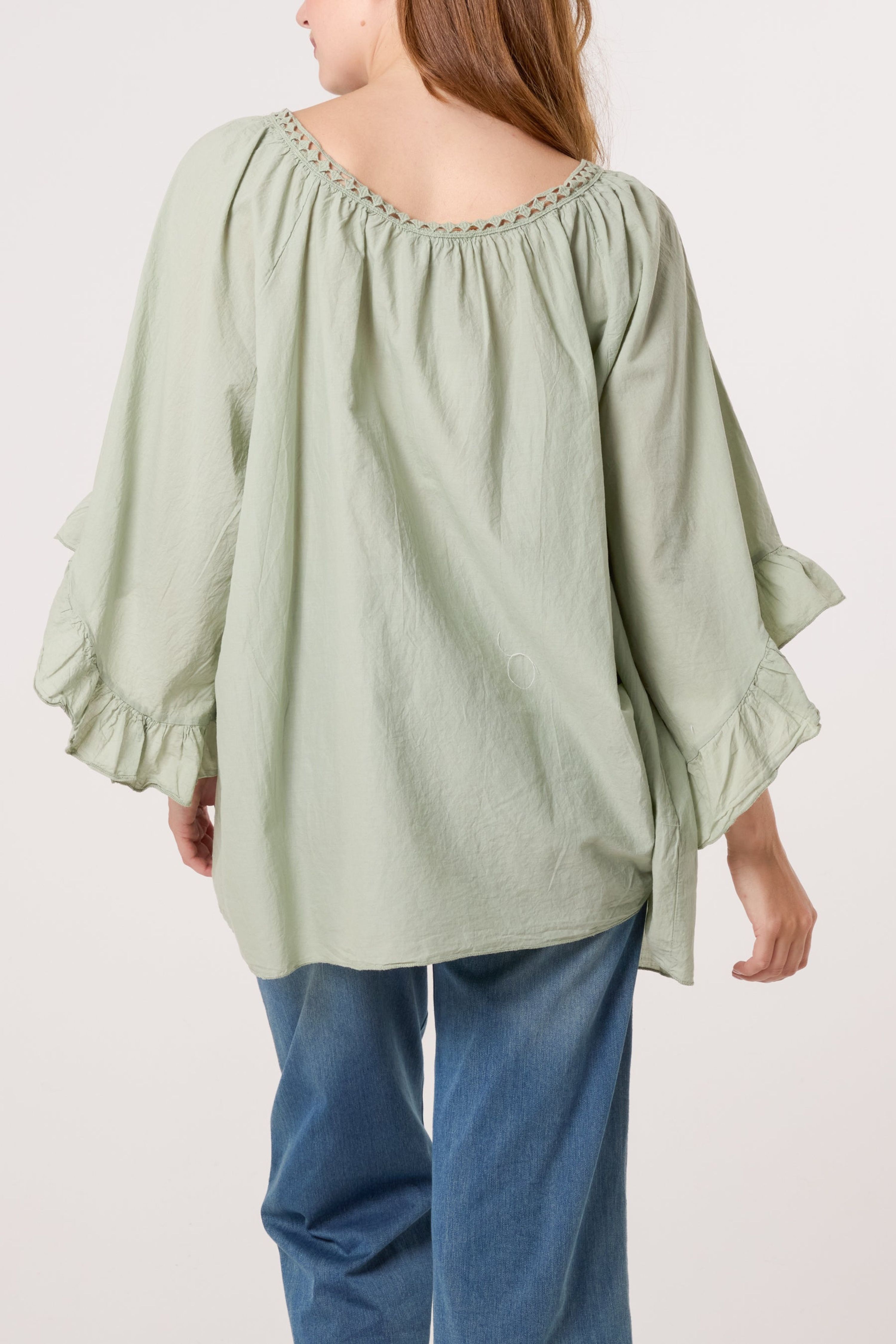 Blue Vanilla Khaki Bardot Cotton Tie Neck Top