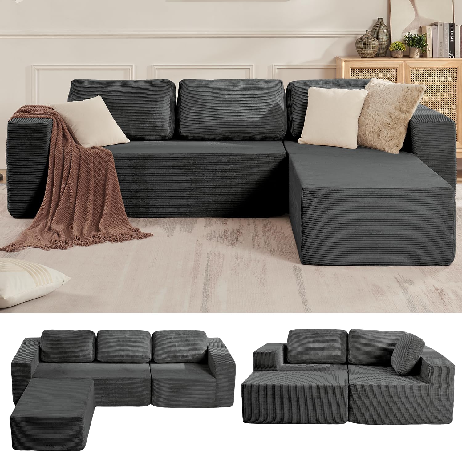 106 Cloud Sectional Couch, Left/Right Facing Convertible Sofa with Deep Seat, L-Shape Modular Upholstered Foam Couch for Living Room Bedroom, No Assembly Required (Corduroy Fabric, Grey)