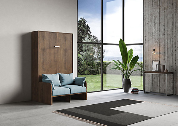 Lit queen-size escamotable Kentaro 120 cm avec canapé en noyer, bleu clair