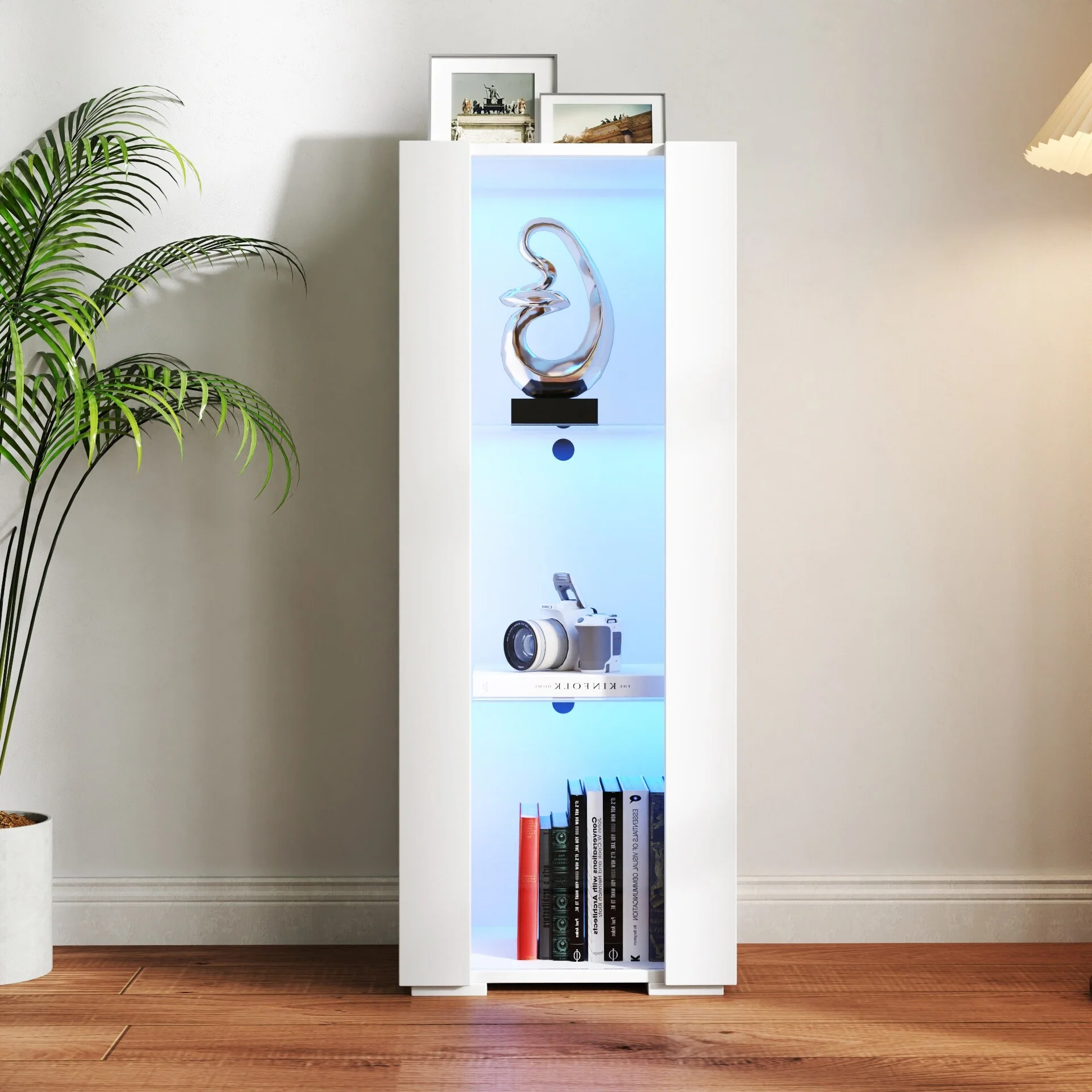 Floating Wall Cabinet Display Cabinet with Lights, Floor Storage Display Case with Glass Shelves for Living Room, Office