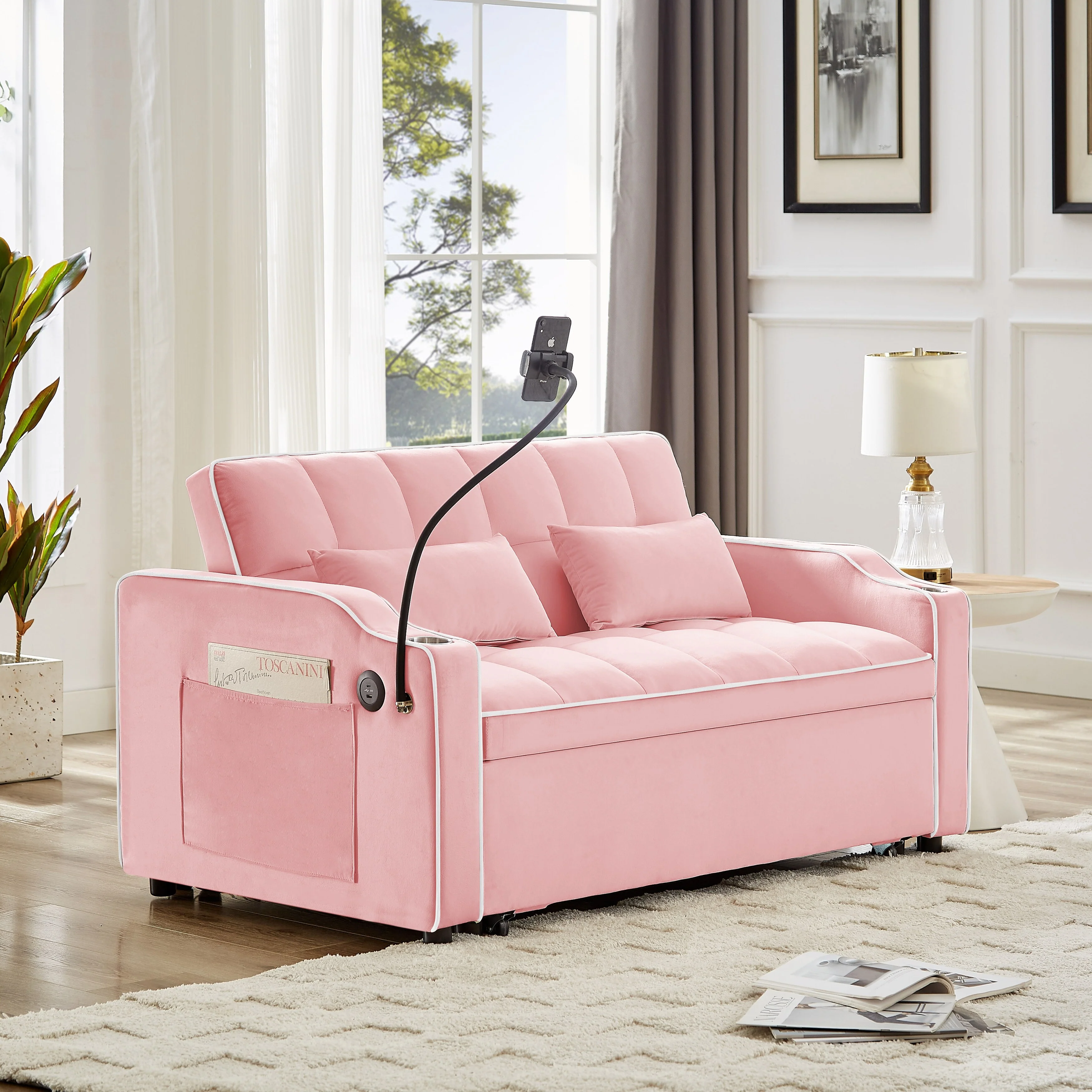 Pink 54.7 Velvet Convertible Loveseat Sofa with USB Ports and Phone Holder