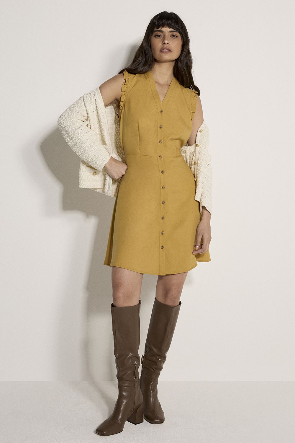 Apricot Ruffle Button-Down Mini Dress