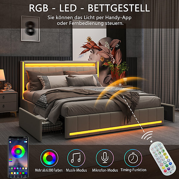 Lit 180x200 cm avec LED et ports USB Type C, lit Queen 180x200 cm avec sommier à lattes et 4 tiroirs, tissu en lin, beige