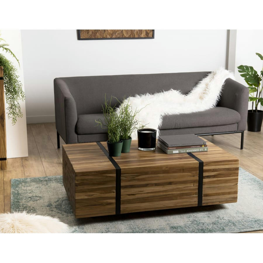 SUZY - Table basse avec roulettes en teck recyclé cerclée métal noir L110