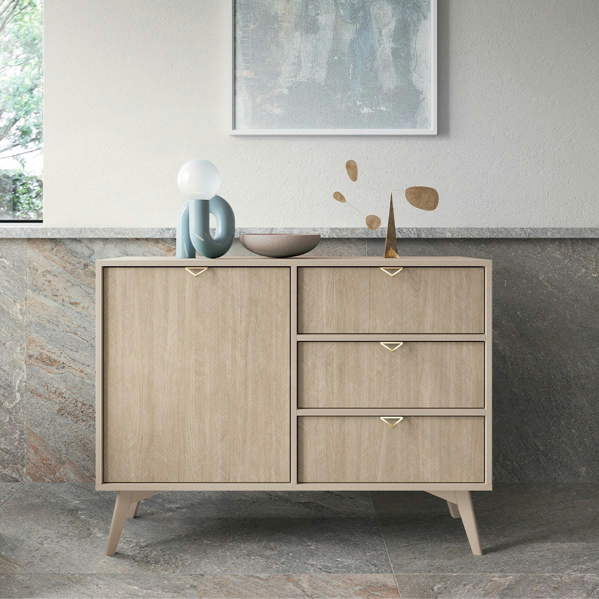 - Buffet 1 porte 3 tiroirs beige et naturel