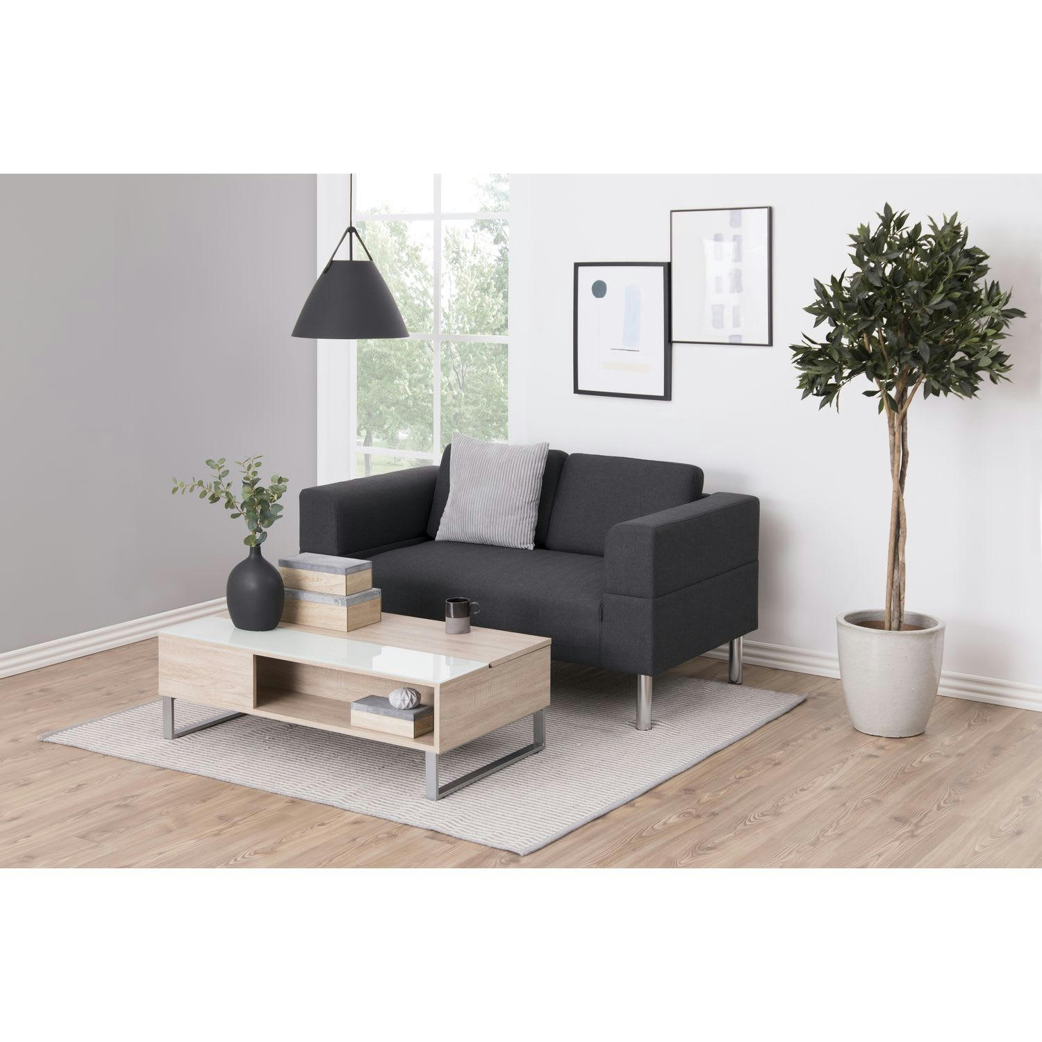 AZÉLA - Table basse en verre et mdf avec plateaux relevable beige