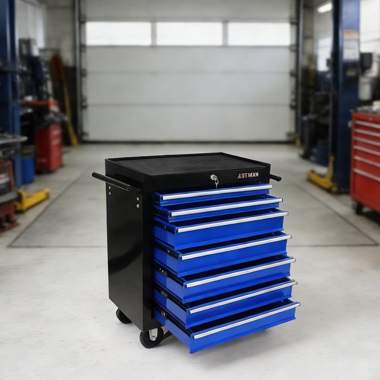 7-Drawer Tool Cart on Wheels, Drawers Rolling Tool Chest with Key Lock, Mobile Trolley Organizer Tools Box with Locking Wheels & Ball Bearing Drawers for Garage,Repair Shop (Black&Blue)