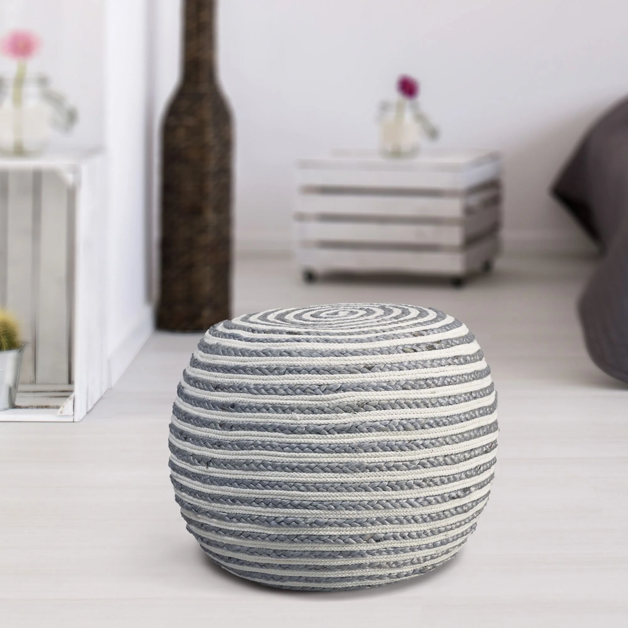 20 Gray and White Two Tone Hand Knitted Round Pouf Ottoman