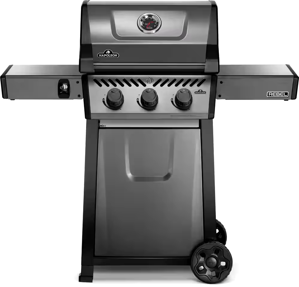 Napoleon Rebel Propane Gas BBQ Grill with 3 Burners, Graphite Grey, Folding Side Shelves, Cast Iron Cooking Grids
