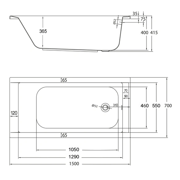 Badewanne »Costa«, BxHxL: 70 x 40 x 150 cm, rechteckig