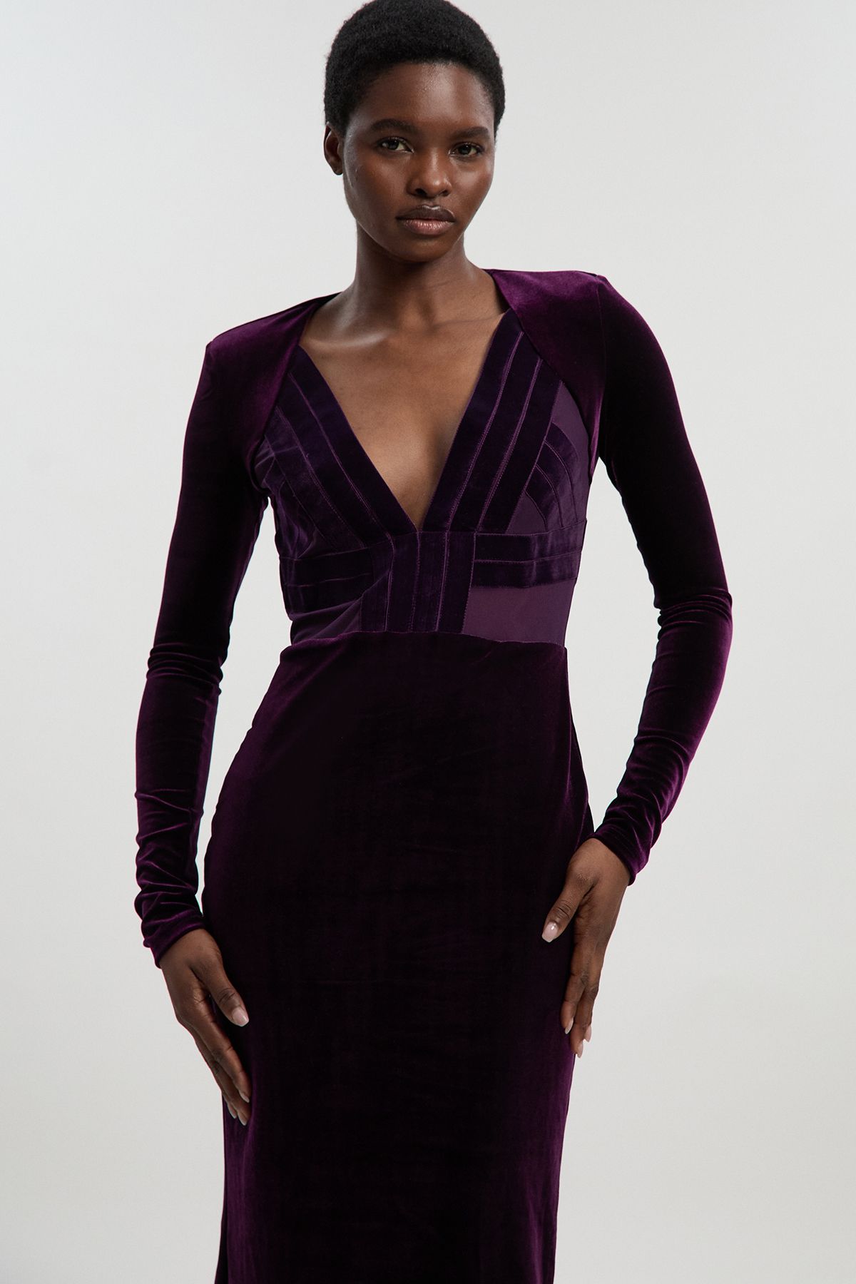 KarenMillen Petite Stretch Velvet Taping Detail Mesh Plunge Neck Cut Out Back Midi Dress