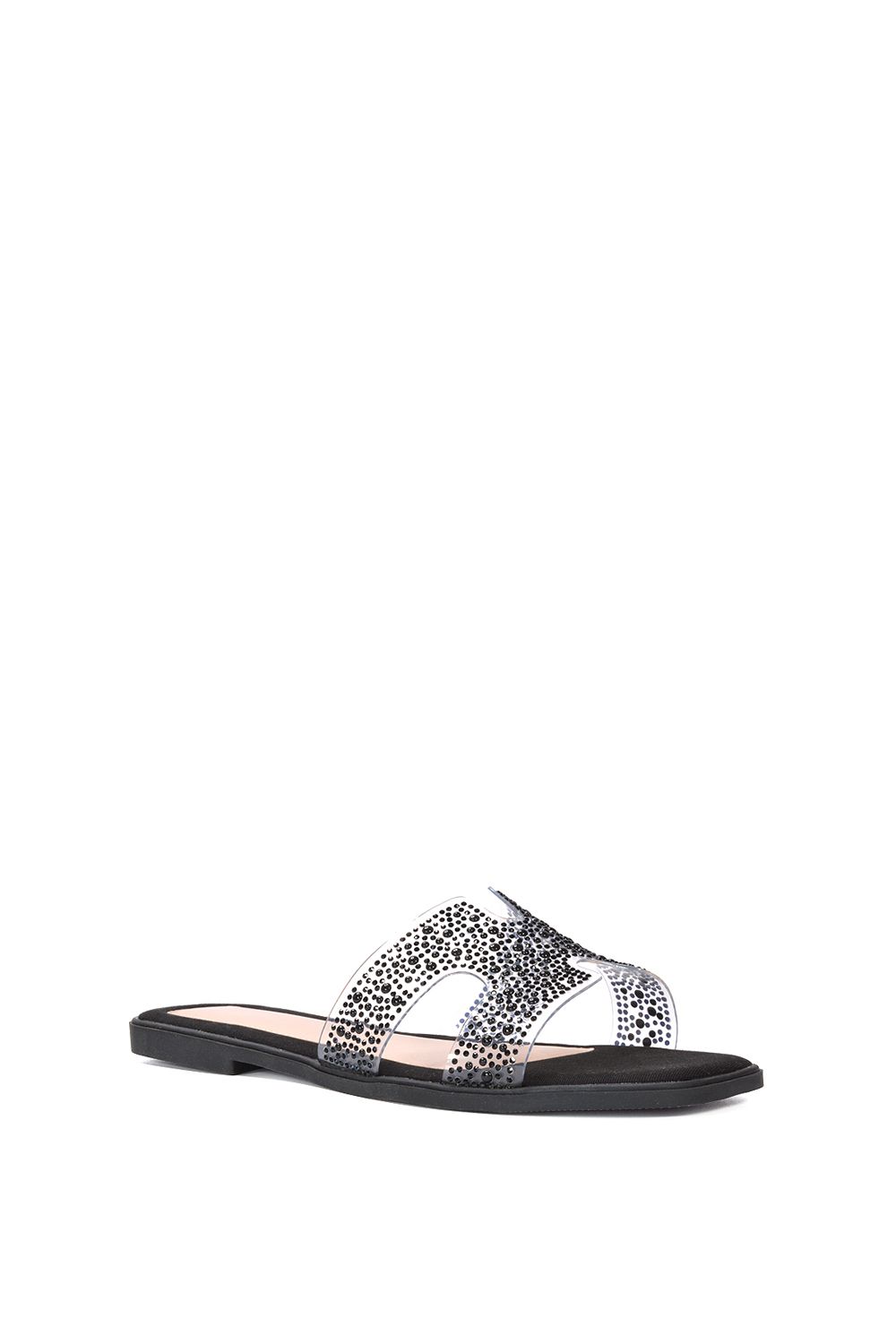 XY London Patsy' Square Toe Slip On Diamante Slider Sandal Shoes