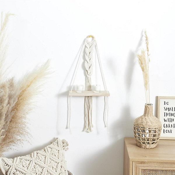 Etagère murale avec plateau bois bohème - Beige