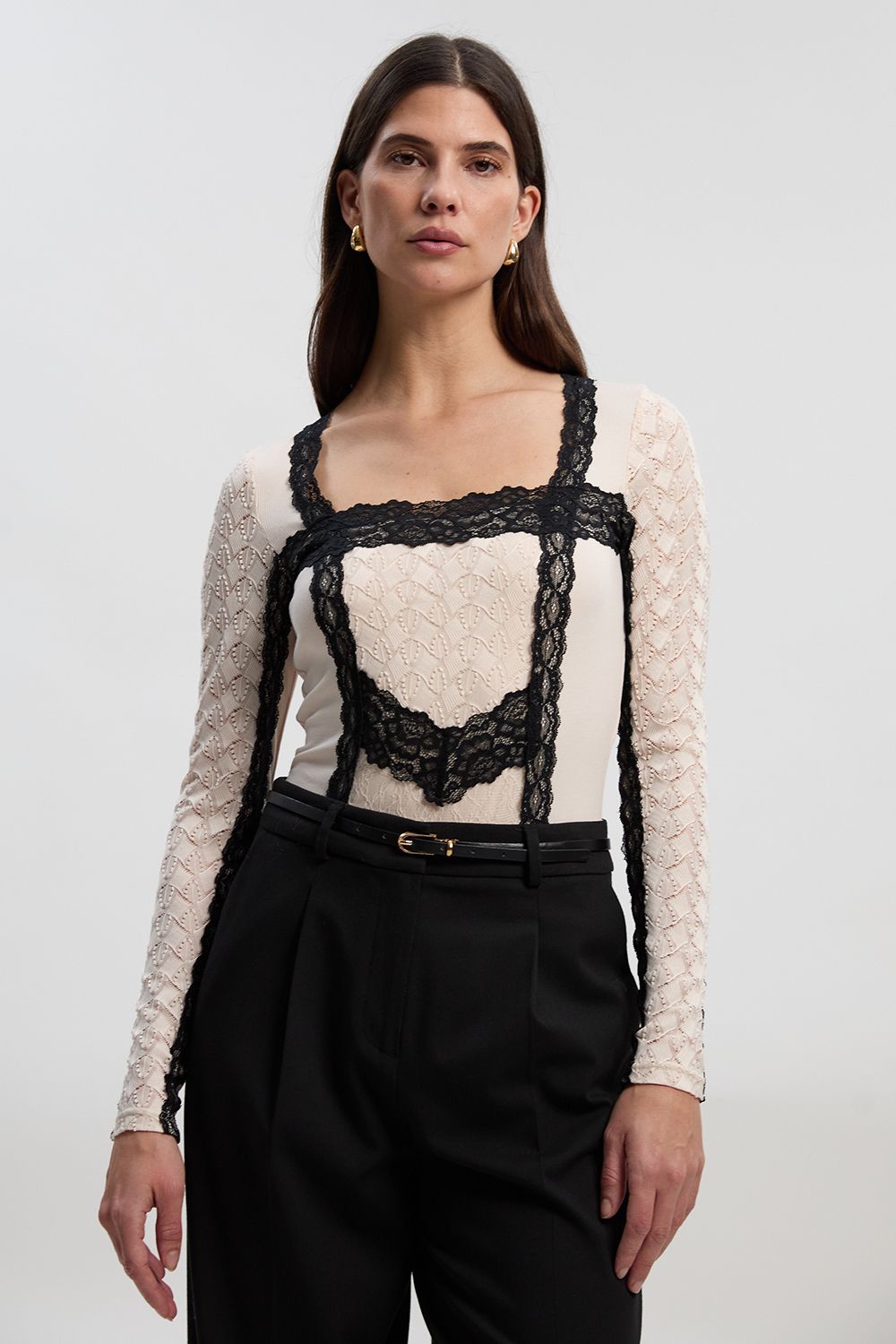 KarenMillen Lace Textured Scoop Neck Bodysuit