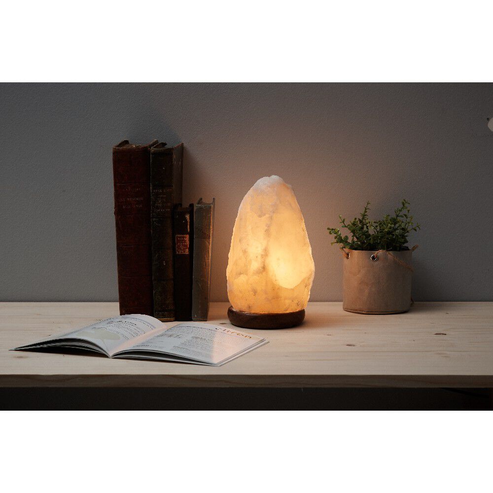 Lampe pierre de sel de l'Himalaya Mességué socle bois Ø13xH24cm