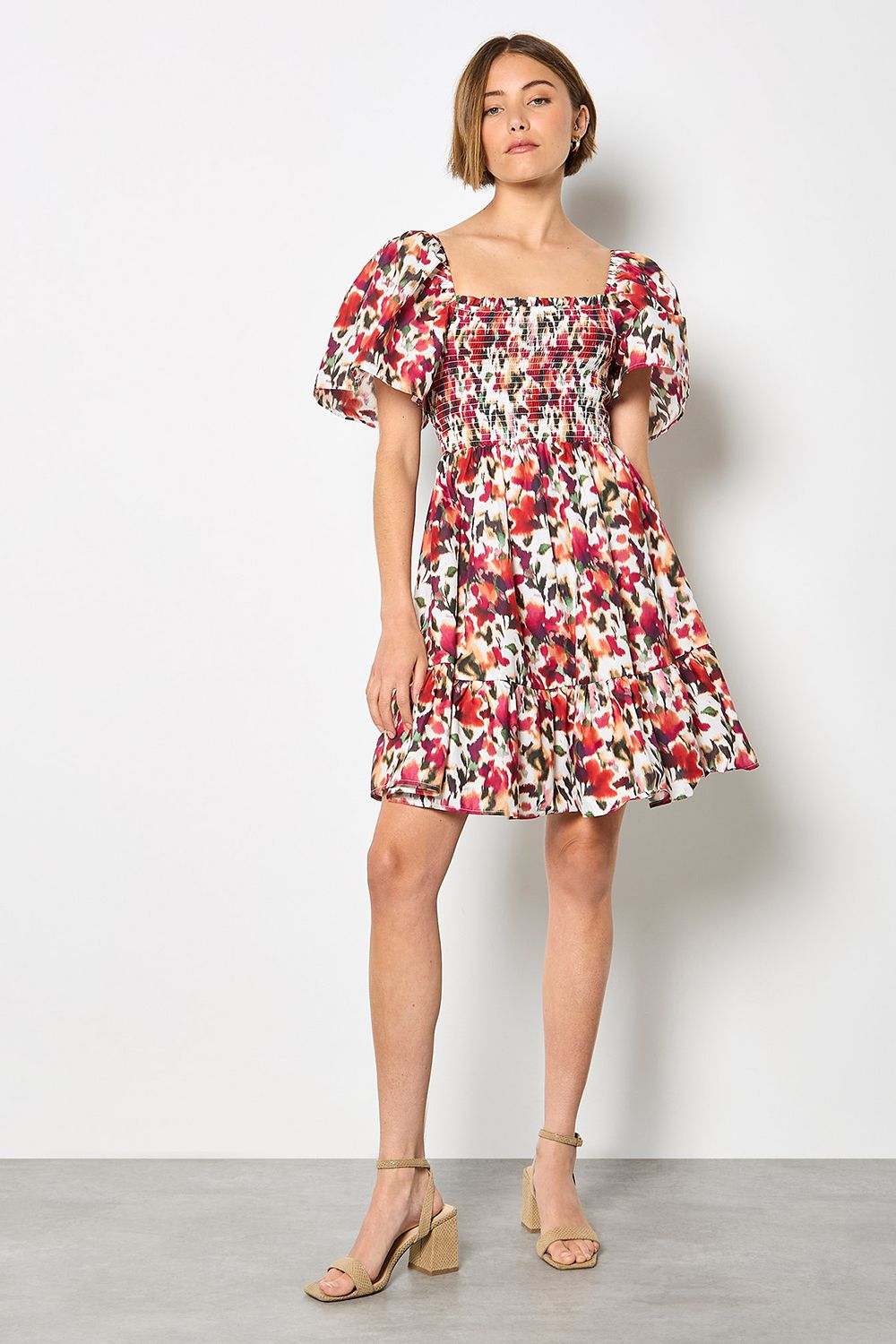 Apricot Pure Cotton Blurred Ikat Mini Dress