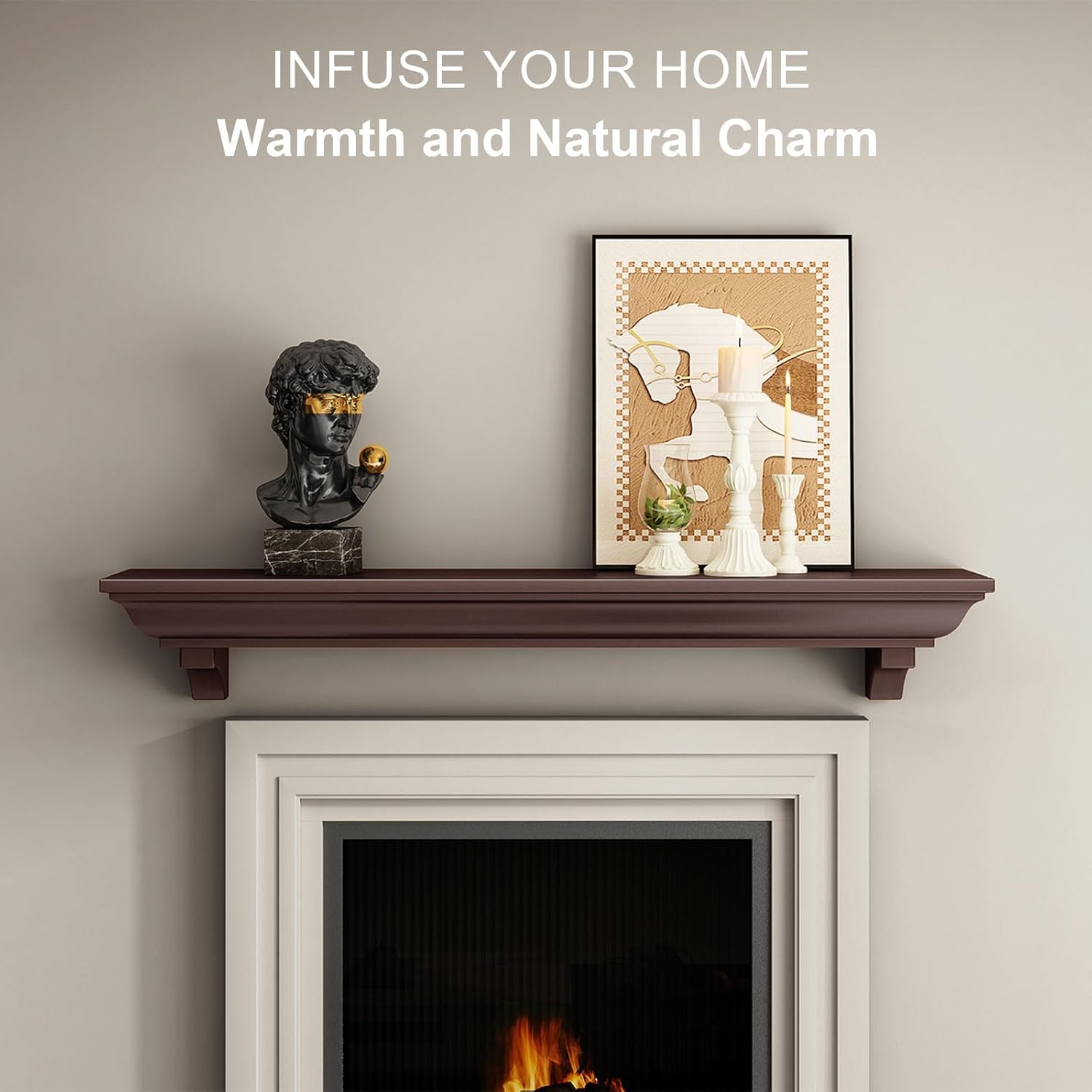 72 Inch Fireplace Mantel Shelf, Invisible Heavy Duty Bracket Floating Mantle for Over Fireplace, Wall Mounted Handcrafted Hollow Solid Wood Design, Rustic Traditional Fireplace Decor (Walnut)