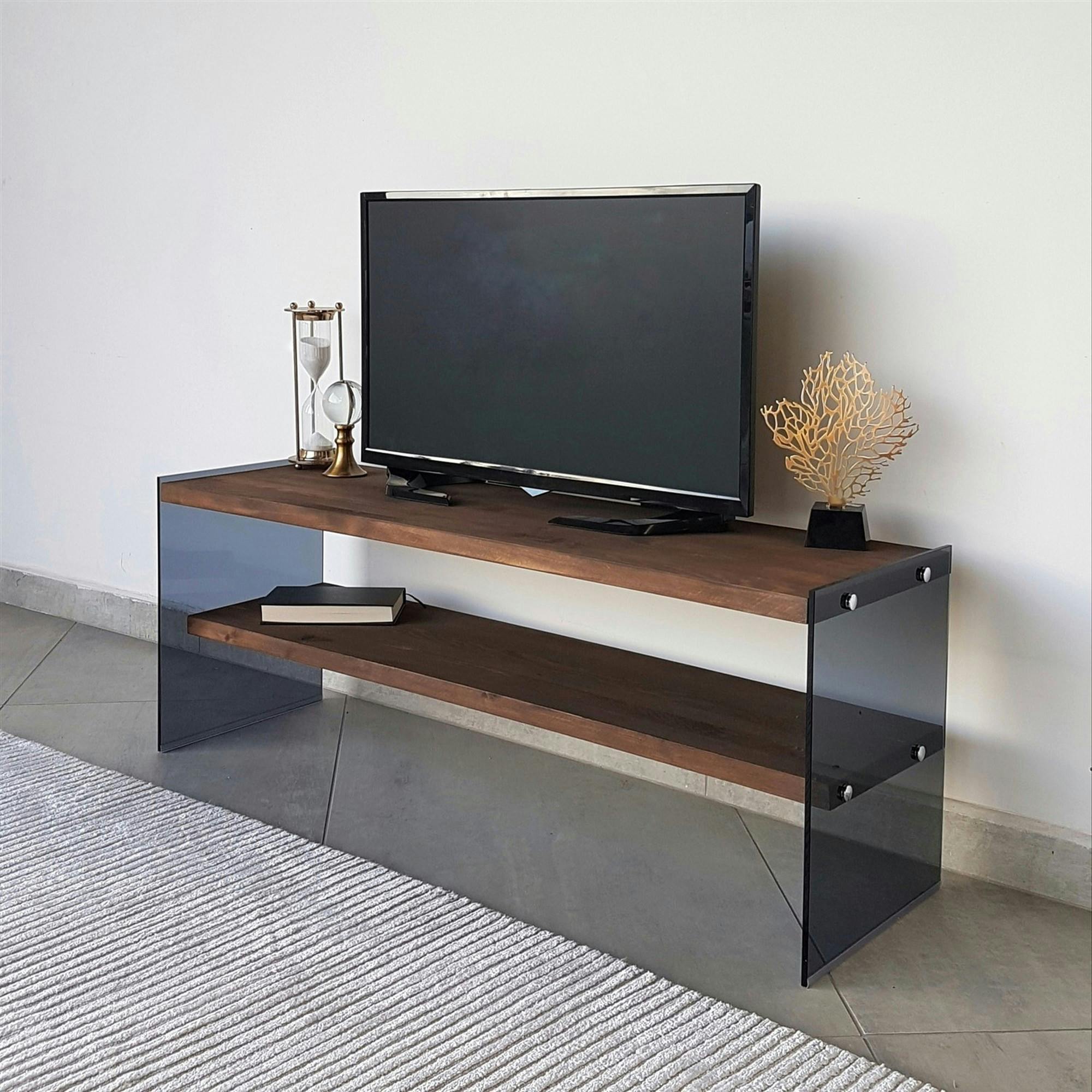 Meuble TV en bois marron et verre fumé - 2 niveaux LHASA