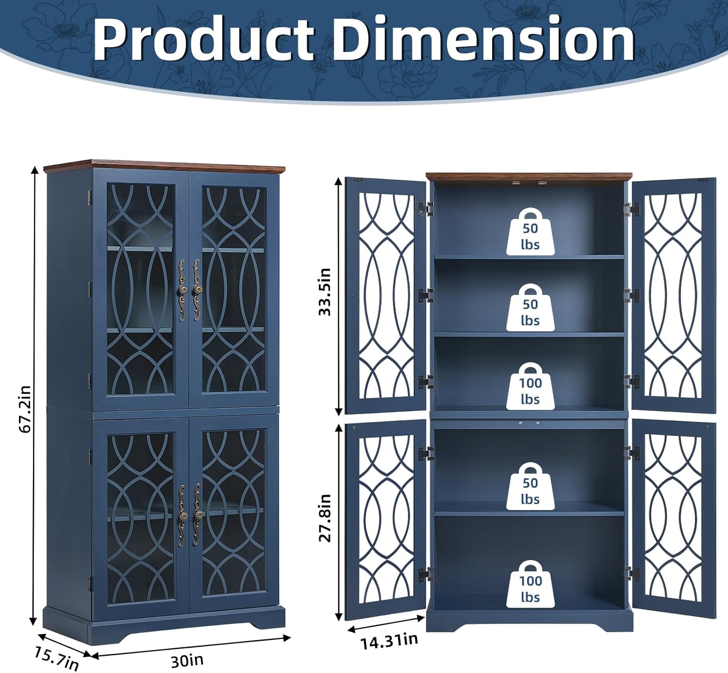 67 Tall Bookshelf, Rustic Book Shelf w/Vintage Pattern Tempered Glass Doors, 5-Tier Wood Bookcase with Adjustable Storage Shelves, Retro Curio Display Cabinet for Living Room, Navy Blue